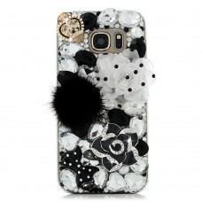 Samsung Galaxy S7 Edge - Luxury Handmade Bling Bling 3D Rhinestone Crystal Flury Protective Hard Clear Phone Cover Case - Black Puffer Ball